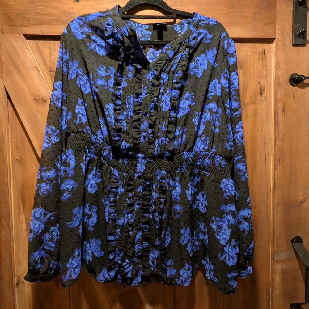 Torrid Blue and Black Ruffled Bib Collar Blouse